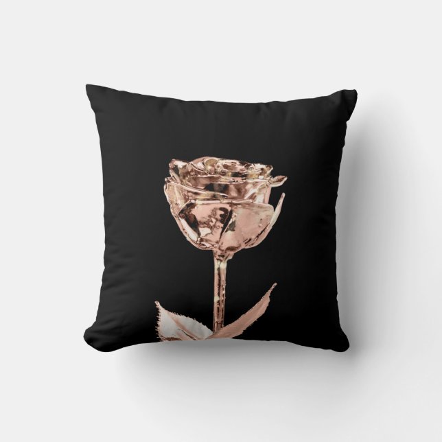 Rose Flower Copper Gold Black Lux Metallic White Throw Pillow (Front)