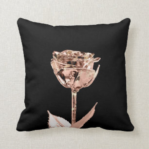 Rose Flower Copper Gold Black Lux Metallic White Throw Pillow