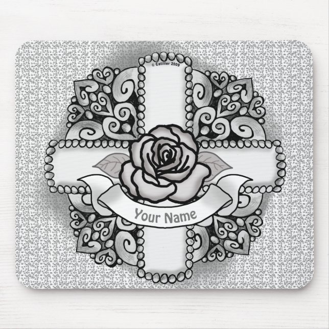 Rose flower Filigree Christian Cross Mouse Pad (Front)