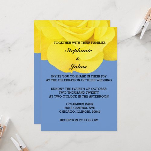 Rose Flower Golden Yellow Cornflower Blue Wedding Invitation