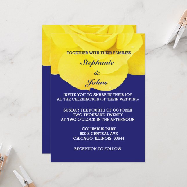 Rose Flower Golden Yellow Midnight Blue Wedding Invitation (Front/Back In Situ)
