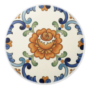 Rose Flower Mediterranean Blue Orange Cream Ceramic Knob