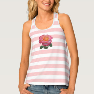 Rose Flower on Pink and White Striped Tank Top
