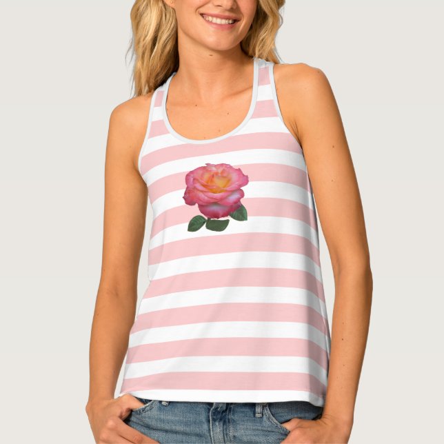 Rose Flower on Pink and White Striped Tank Top (Front)