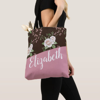 Rose Flower Pattern Green Brown Pink Personalized Tote Bag