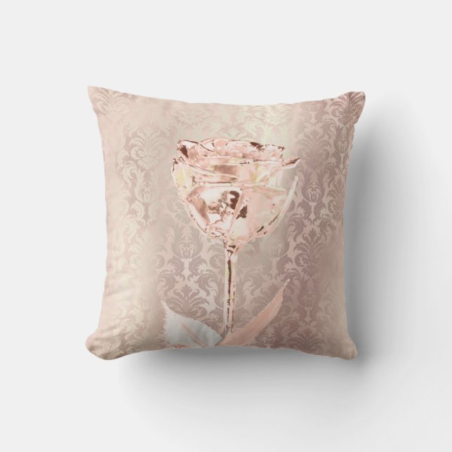 Rose Flower Pink Blush Powder Lux Metallic Damask Throw Pillow (Front)