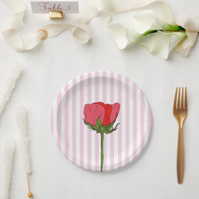 Rose Flower Pink Stripe Paper Plates (Wedding)