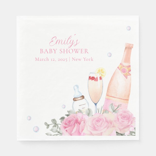 Rose Flower Poppin Champagne Bottles Baby Shower Napkins (Front)