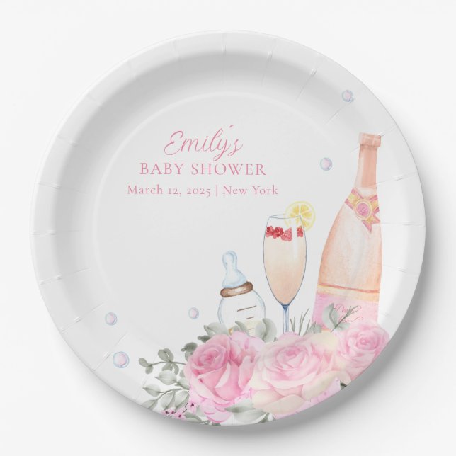 Rose Flower Poppin Champagne Bottles Baby Shower Paper Plates (Front)
