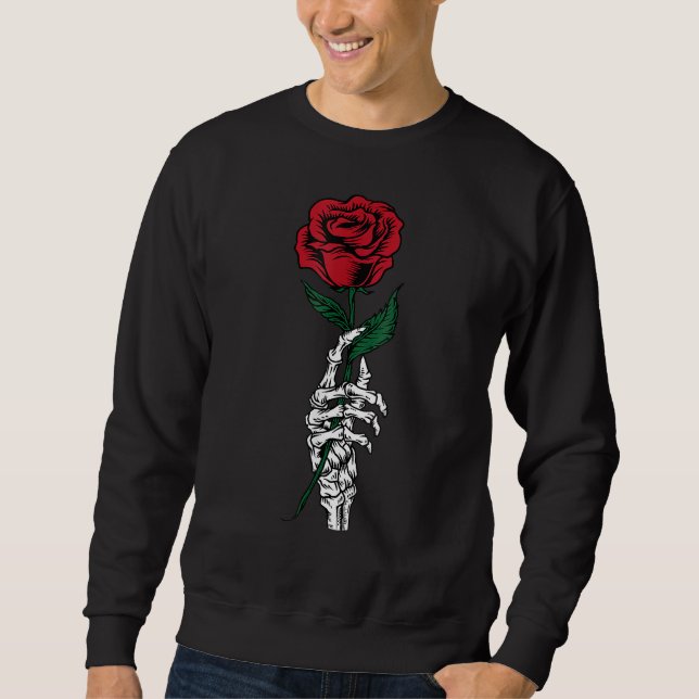Rose Flower White Skeleton Hand Holding A Red Rose Sweatshirt (Front)