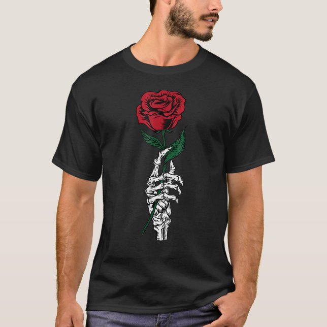 Rose Flower White Skeleton Hand Holding A Red Rose T-Shirt (Front)