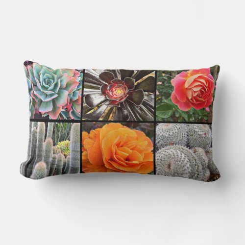 Rose flowers and cacti photo collage colorful bold lumbar pillow