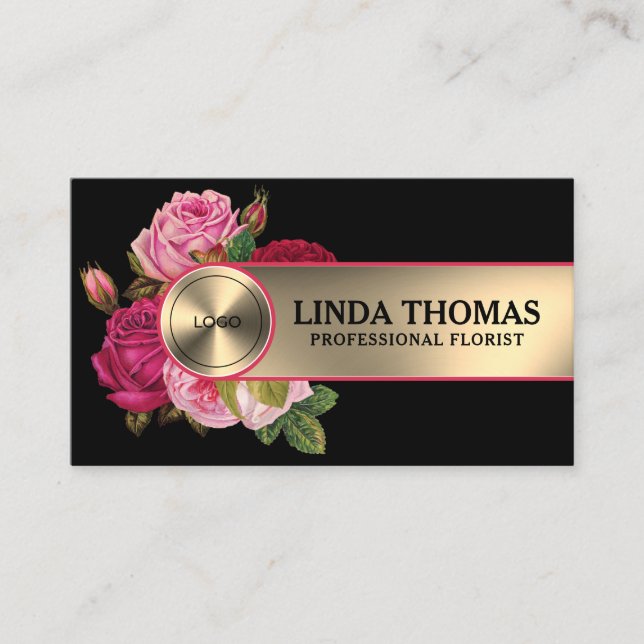 Rose flowers and gold stripe  business card (Front)