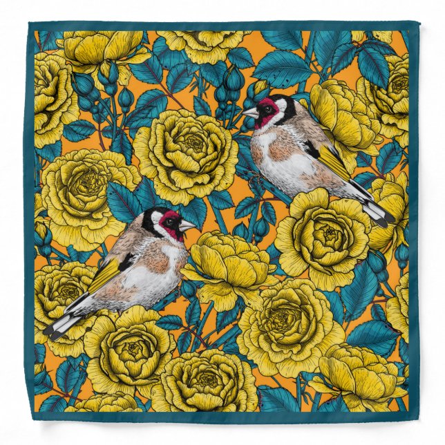 Rose flowers and goldfinch birds bandana (Front)
