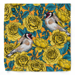 Rose flowers and goldfinch birds bandana