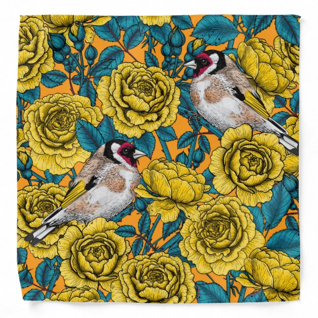 Rose flowers and goldfinch birds bandana (Front)