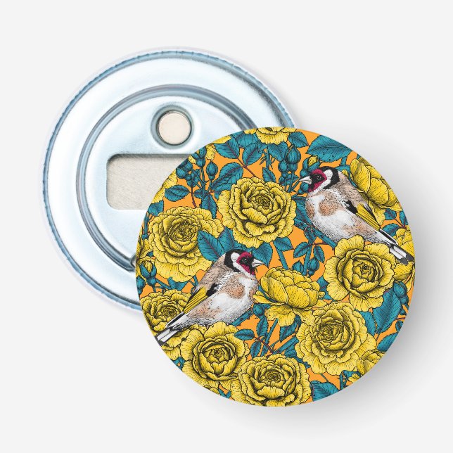 Rose flowers and goldfinch birds bottle opener (Front)