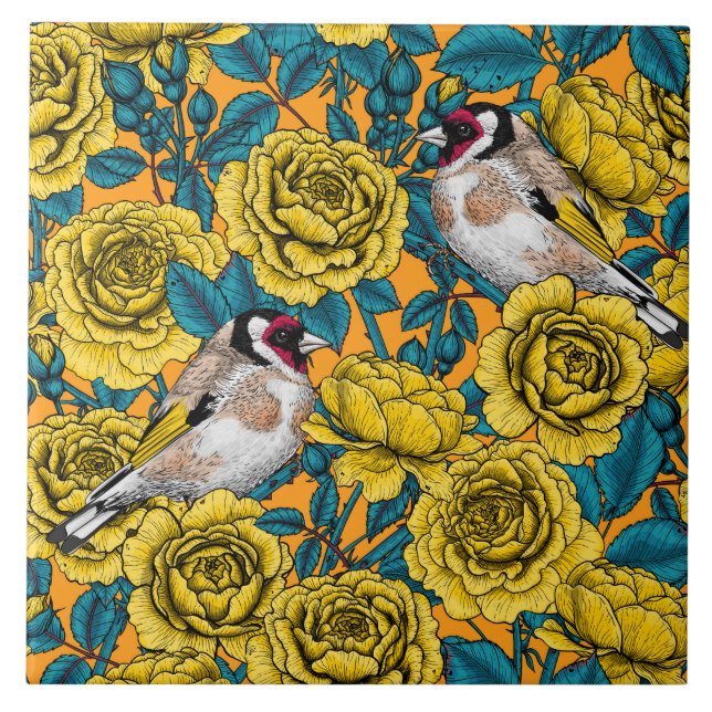 Rose flowers and goldfinch birds ceramic tile (Front)