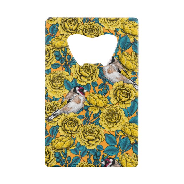 Rose flowers and goldfinch birds credit card bottle opener (Front)