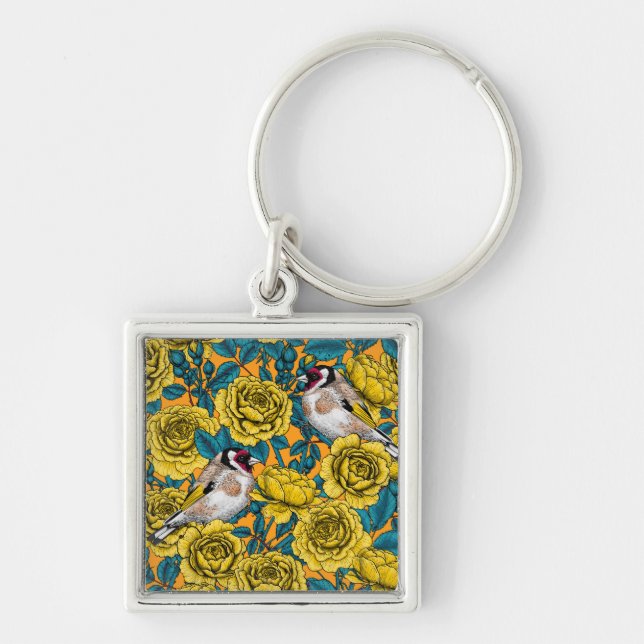 Rose flowers and goldfinch birds keychain (Front)