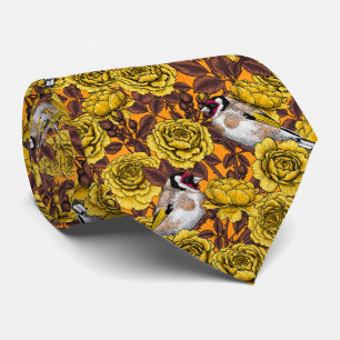 Rose flowers and goldfinch birds neck tie