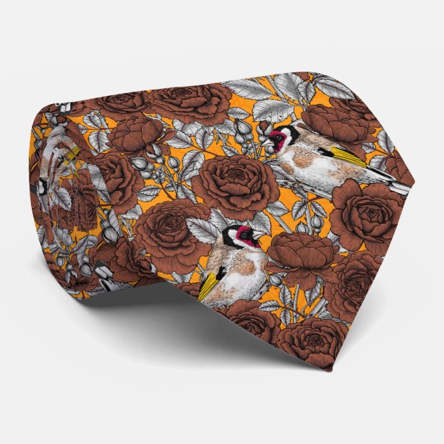 Rose flowers and goldfinch birds neck tie (Rolled)
