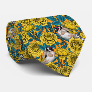 Rose flowers and goldfinch birds neck tie
