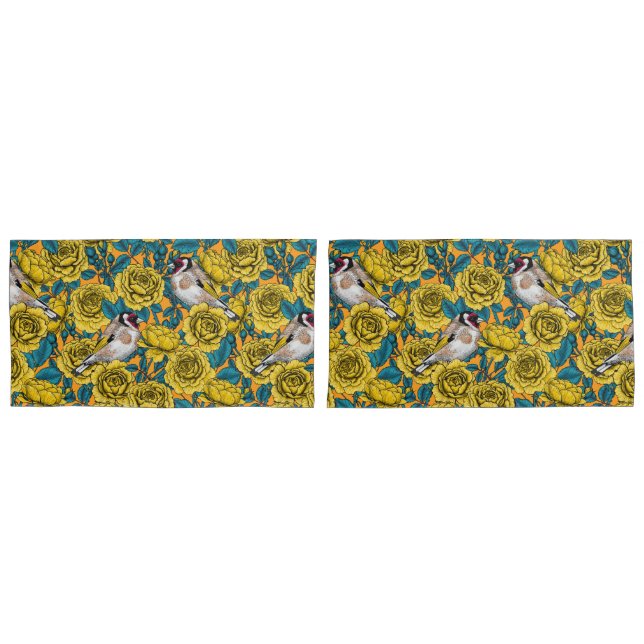 Rose flowers and goldfinch birds pillow case (Front-Set)