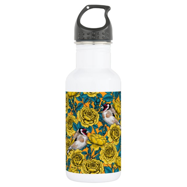 Rose flowers and goldfinch birds stainless steel water bottle (Front)