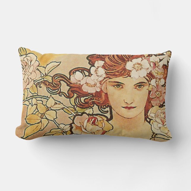 Rose Flowers Art Nouveau Alphonse Mucha Lumbar Pillow (Front)