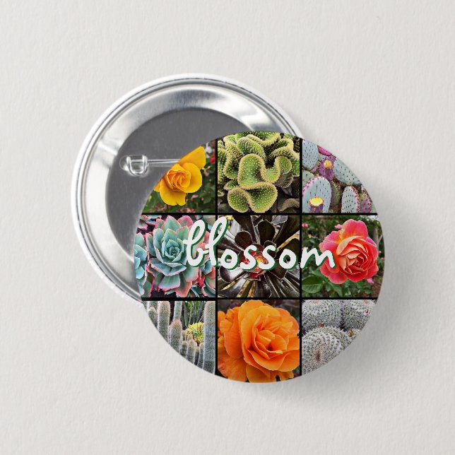 Rose Flowers Cacti Photo Collage Blossom Script Pinback Button (Front & Back)
