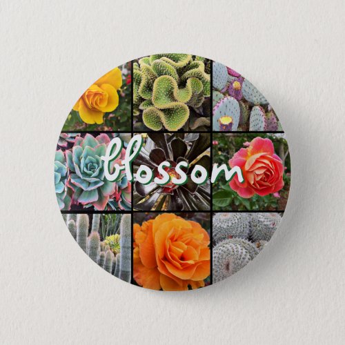 Rose Flowers Cacti Photo Collage Blossom Script Pinback Button