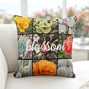 Rose Flowers Cacti Photo Collage Blossom Script Throw Pillow