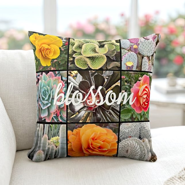 Rose Flowers Cacti Photo Collage Blossom Script Throw Pillow (Creator Uploaded)