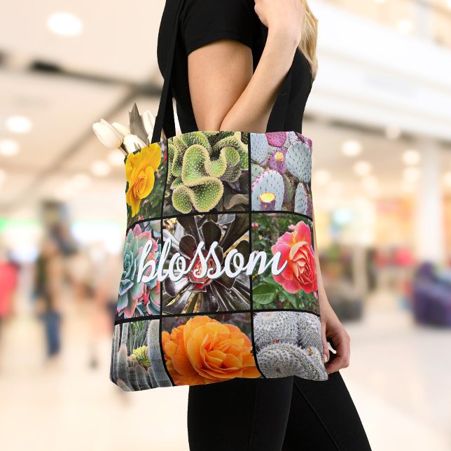 Rose Flowers Cacti Photo Collage Blossom Script Tote Bag (Creator Uploaded)
