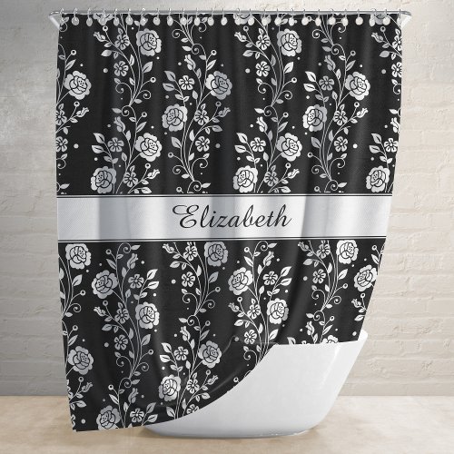 Rose Flowers Floral Pattern Black  White Name Shower Curtain