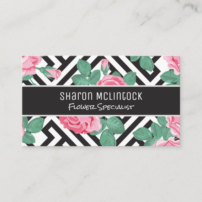 Rose Flowers Geometric Pattern Business Card (Front)