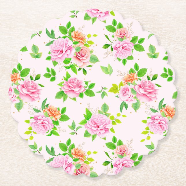 Rose Flowers Green Leaves Pattern-23656  Paper Coaster (Front)