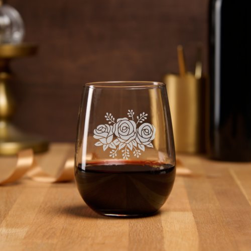 Rose Flowers Posy Floral Bouquet Stemless Wine Glass