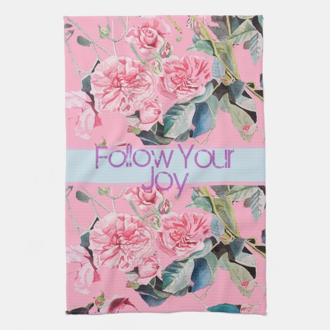 Rose Flral Pattern Watercolour Follow Your Joy Kitchen Towel (Vertical)