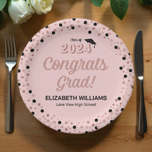 Rose Foil Script Confetti Congrats Grad Pink Paper Plates