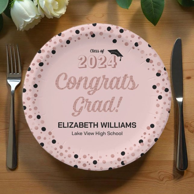 Rose Foil Script Confetti Congrats Grad Pink Paper Plates (Creator Uploaded)