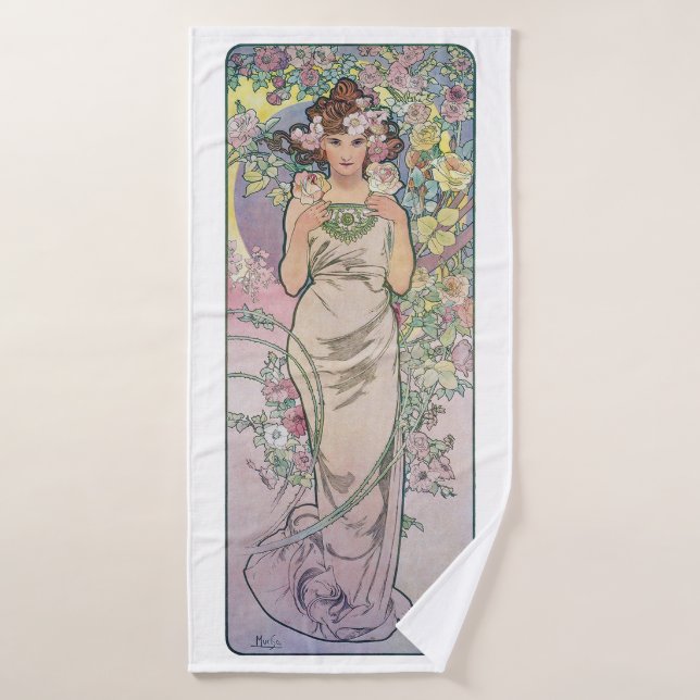 Rose (Four Flowers), Alphonse Mucha Bath Towel (Bath Towel)