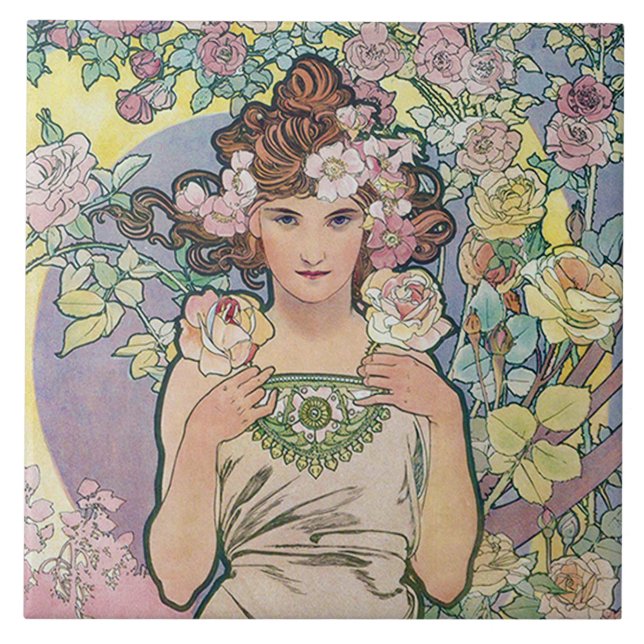 Rose (Four Flowers), Alphonse Mucha Ceramic Tile (Front)