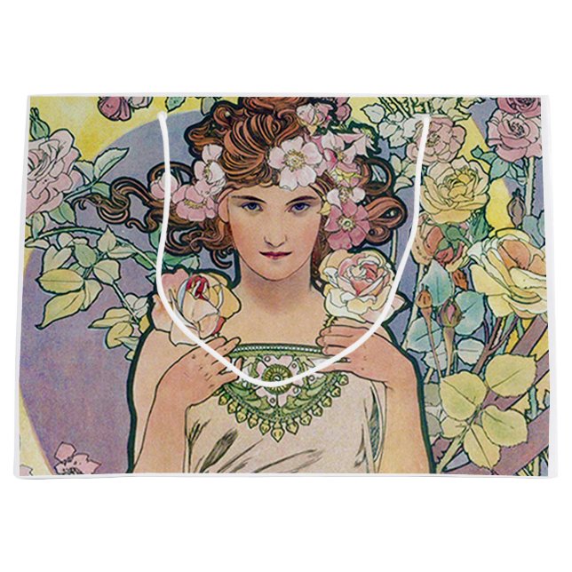 Rose (Four Flowers), Alphonse Mucha Large Gift Bag (Front)