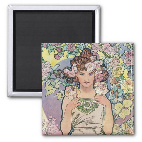 Rose Four Flowers Alphonse Mucha Magnet