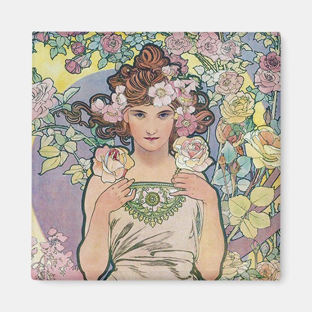 Rose (Four Flowers), Alphonse Mucha Magnet (Front)
