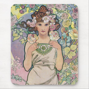 Rose (Four Flowers), Alphonse Mucha Mouse Pad