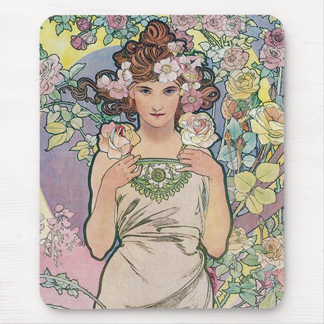 Rose (Four Flowers), Alphonse Mucha Mouse Pad (Front)