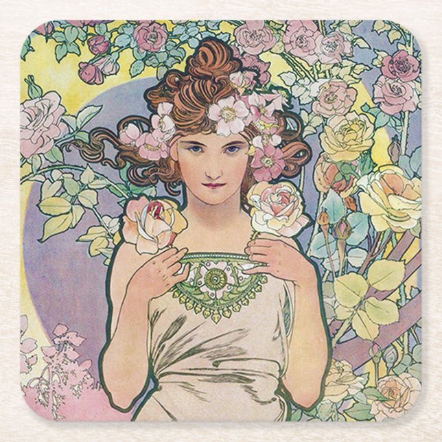 Rose (Four Flowers), Alphonse Mucha Square Paper Coaster (Front)